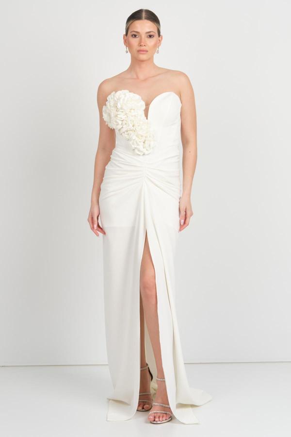 Renk Kadın Kalp Yaka Önden Derin Yurtmaçlı Uzun Abiye Elbise 5262 Krem - Image 1