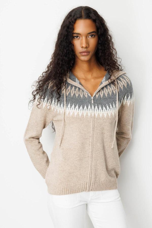 Desen Triko Kadın Kapüşonlu Robası Baklavalı Hırka 25230 K. Bej - Image 1