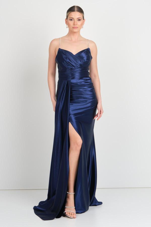 Renk Kadın İp Askılı Sırtı Çapraz Bağlamalı Göğsü Drapeli Abiye Elbise 5134 Lacivert - Image 1