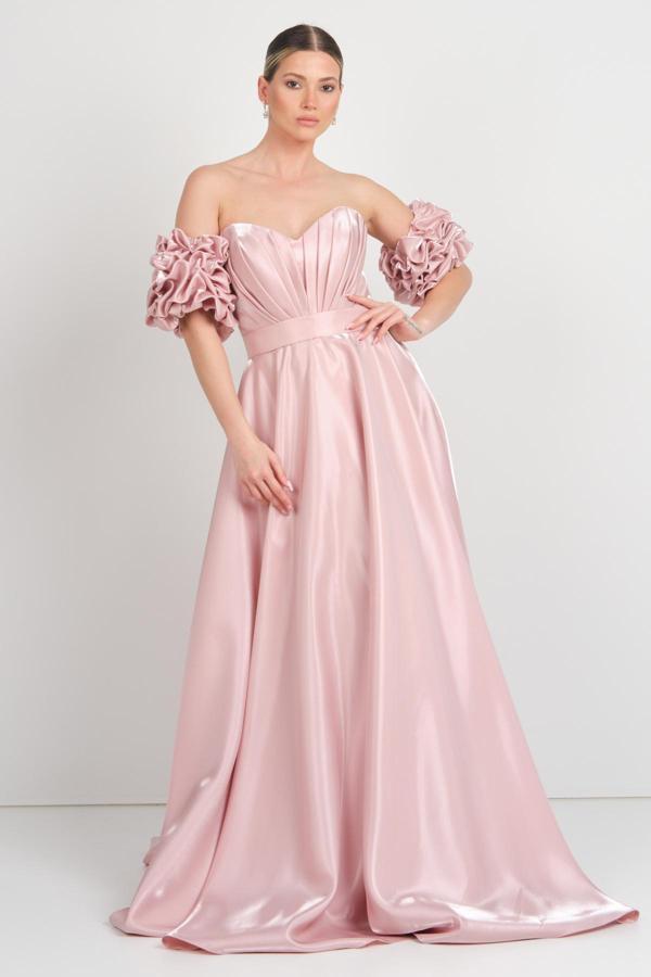 Renk Kadın Kalp Yaka Drapeli Kol Detaylı Kloş Uzun Abiye Elbise 5265 Pudra - Image 1