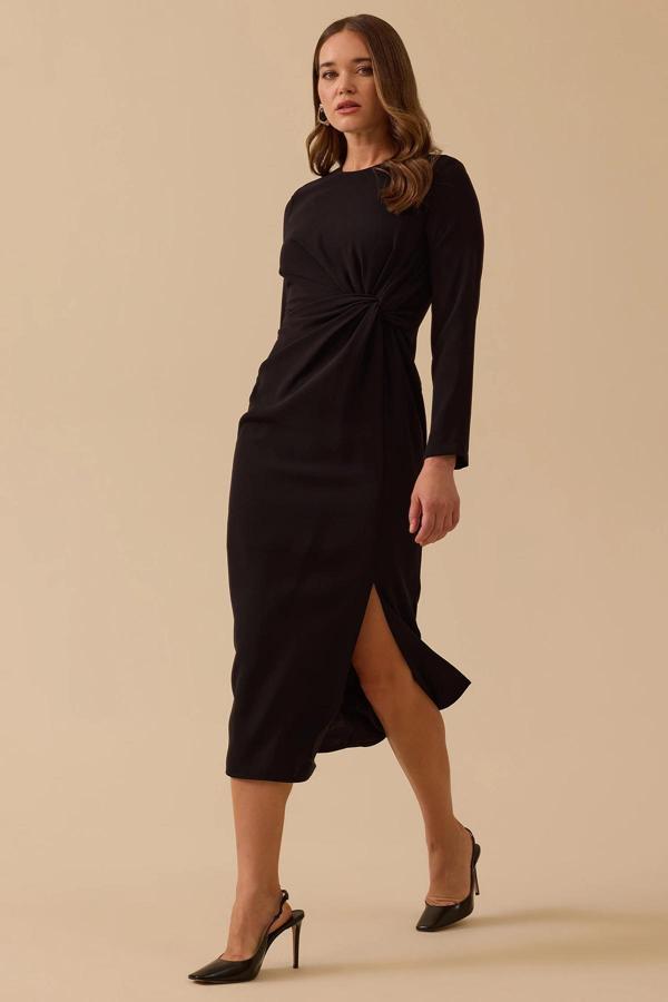 Seçil Kadın Drapeli Midi Boy Şık Krep Elbise 8002 Siyah - Image 1