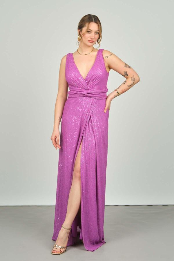 Doridorca Kadın Ön ve Arka V Yaka Pullu Derin Yırtmaçlı Uzun Abiye Elbise 5035 Erguvan - Image 1