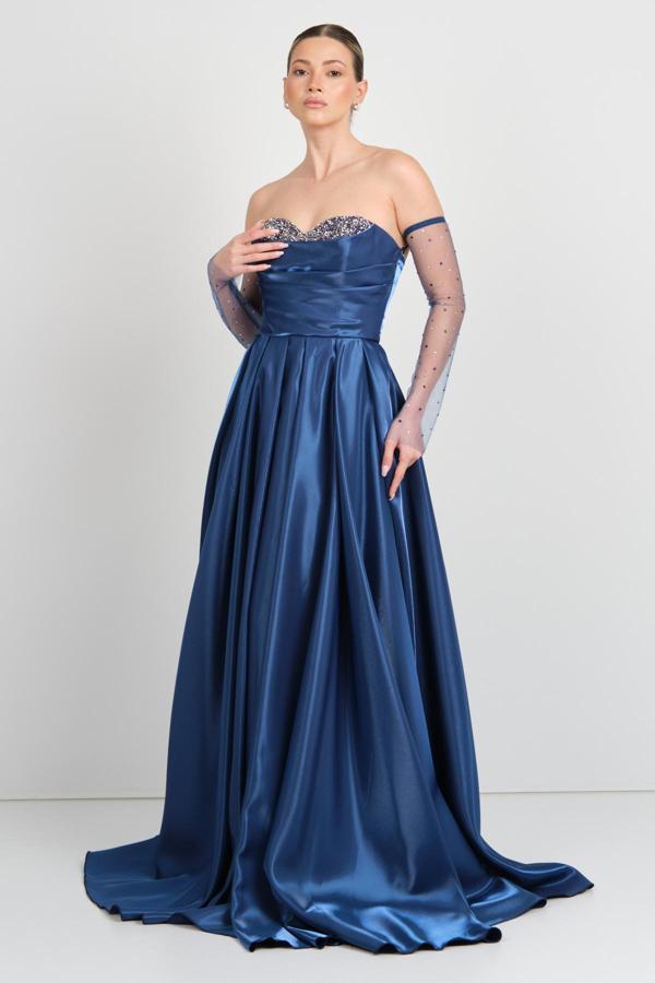 Renk Kadın Straplez Seyyar Kol Detaylı Maxi Abiye Elbise 5089 Lacivert - Image 1