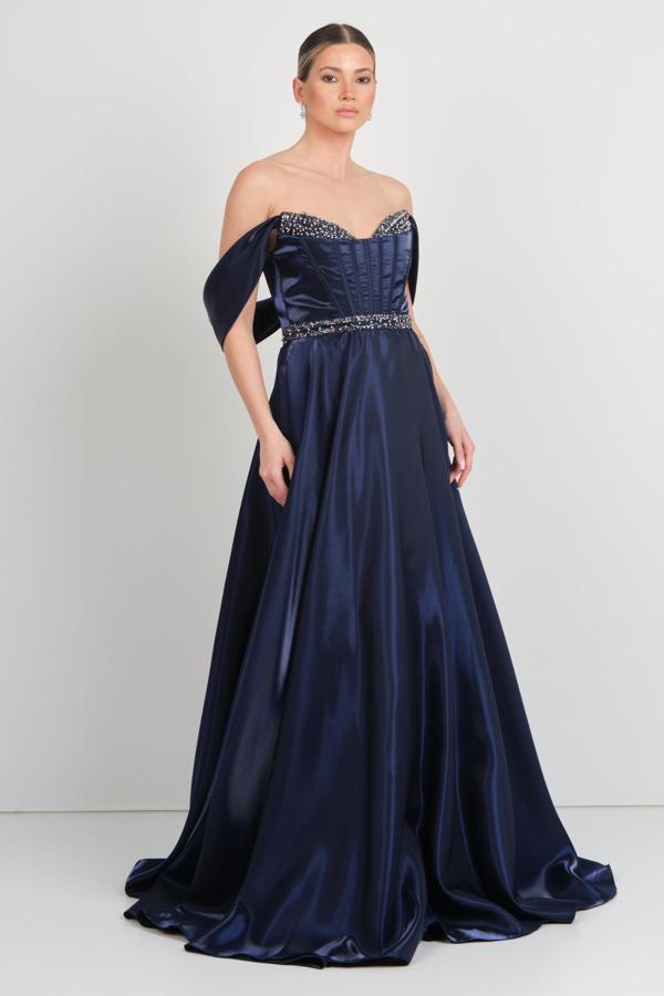 Renk Kadın Beli Korsajlı Kalp Yaka Taş Süslemeli Uzun Abiye Elbise 5257 Lacivert - Image 1