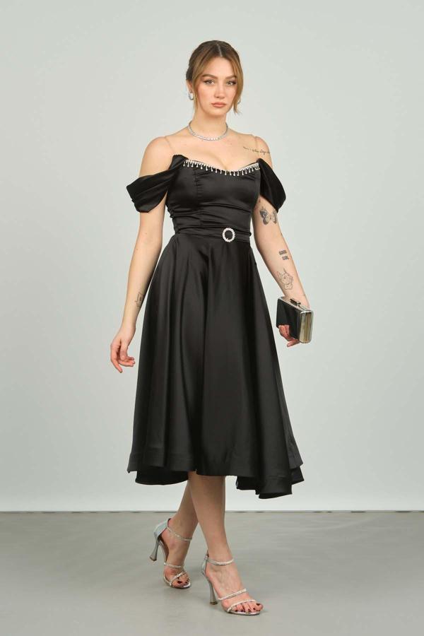 Dans Kadın Straplez Düşük Omuz Abiye Elbise 1463 Siyah - Image 1