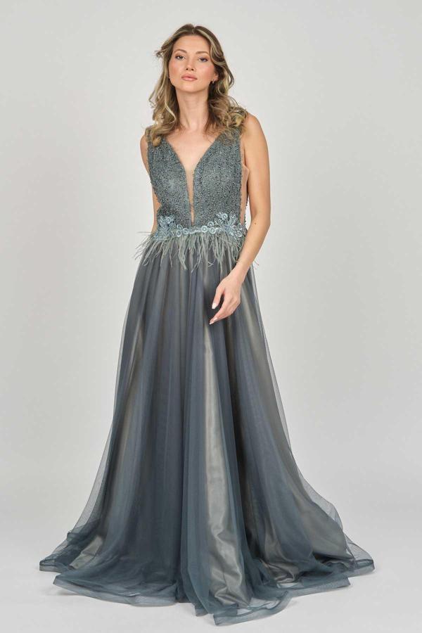 Renk Kadın Dantelli Uzun Abiye Elbise 5044863 Çağla - Image 1