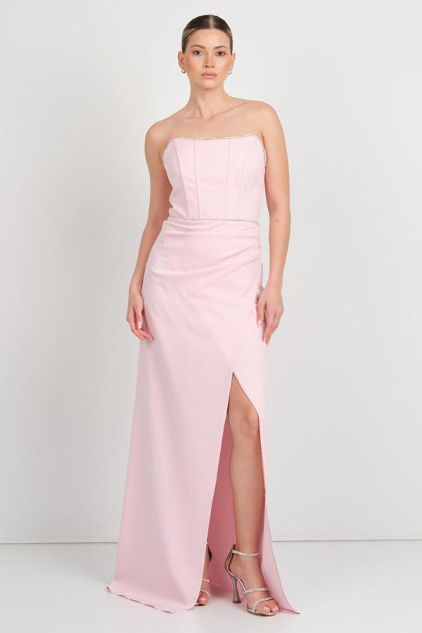 Renk Kadın Straplez Krep Kumaş Uzun Abiye Elbise 5295 Pembe - Image 1