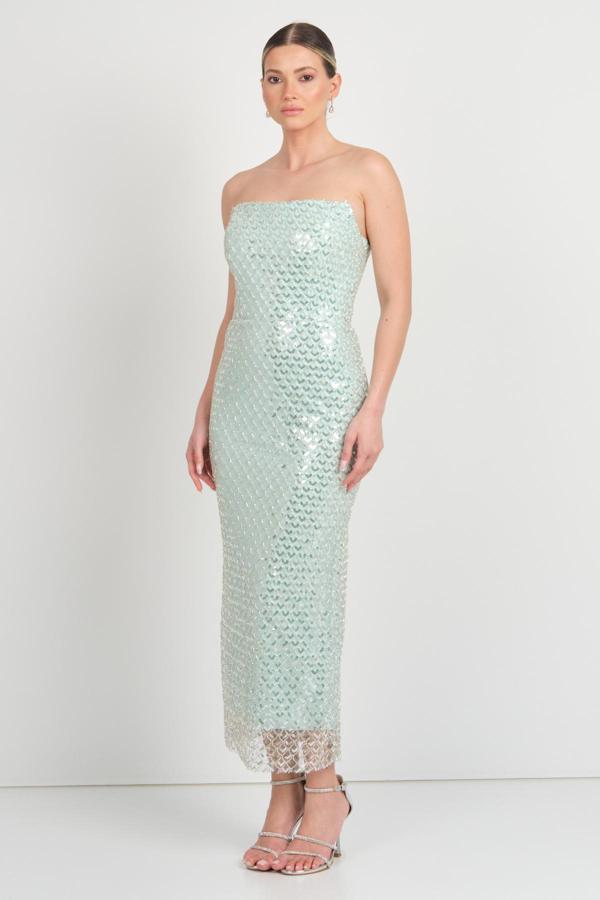 Renk Kadın File Desenli Full Taş İşlemeli Bilek Boy Abiye Elbise 5275 Mint - Image 1