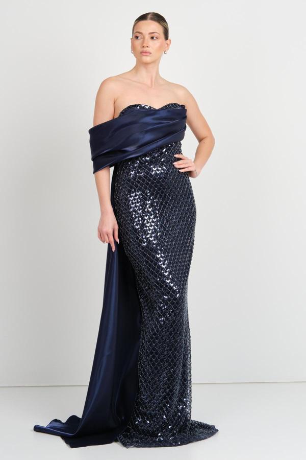 Renk Kadın Straplez Pul ve Taş Desenli Balık Form Abiye Elbise 5276 Lacivert - Image 1