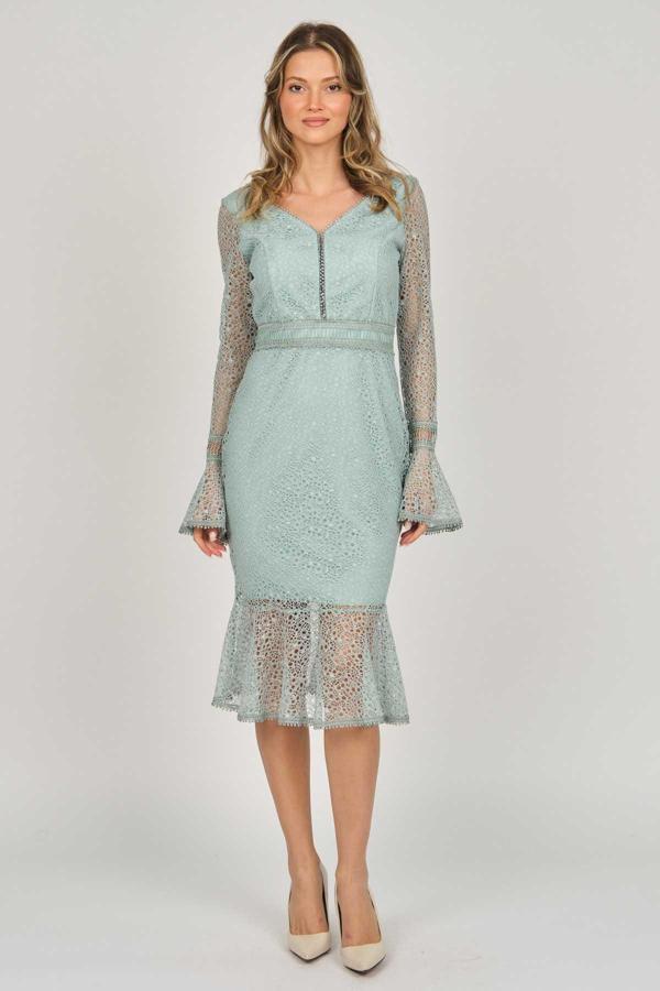 Dans Kadın Uzun Kol Güpürlü Midi Abiye Elbise 5271239 Mint - Image 1