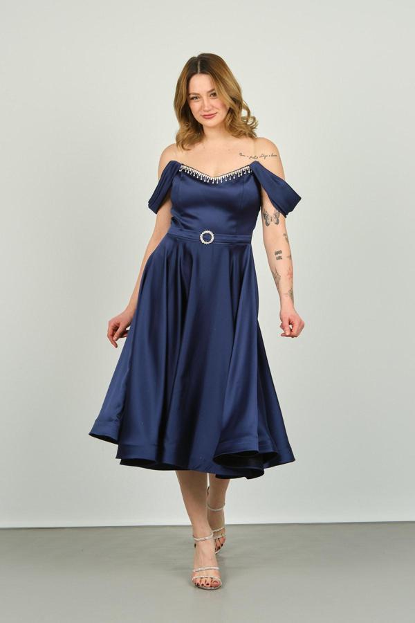 Dans Kadın Straplez Düşük Omuz Abiye Elbise 1463 Lacivert - Image 1