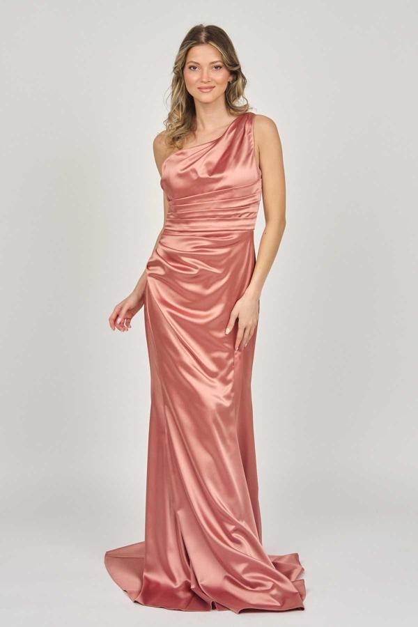 Renk Kadın Tek Omuz Saten Abiye Elbise 5044958 Şeftali - Image 1