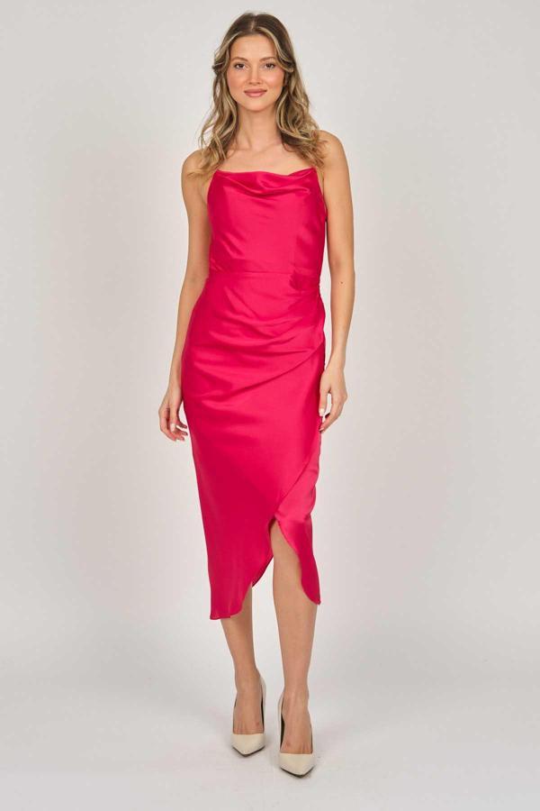 Renk Kadın Saten Degaje Yaka Abiye Elbise 5044964 Kırmızı - Image 1