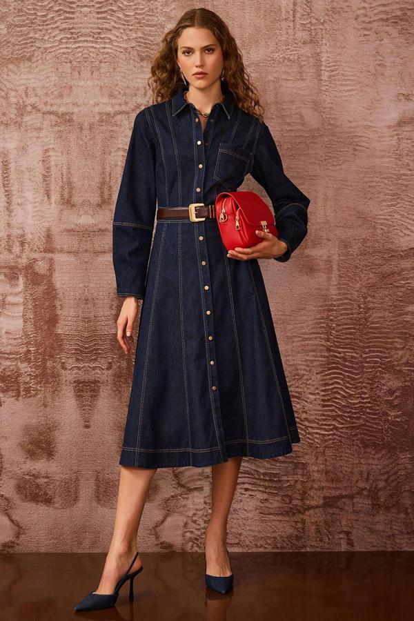 Seçil Kadın Dikiş Detaylı Düğmeli Jean Elbise 0003 Lacivert - Image 1