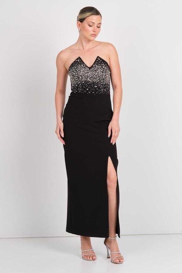 Dans Kadın Straplez Taş İşlemeli Midi Abiye Elbise 1850 Siyah - Image 1