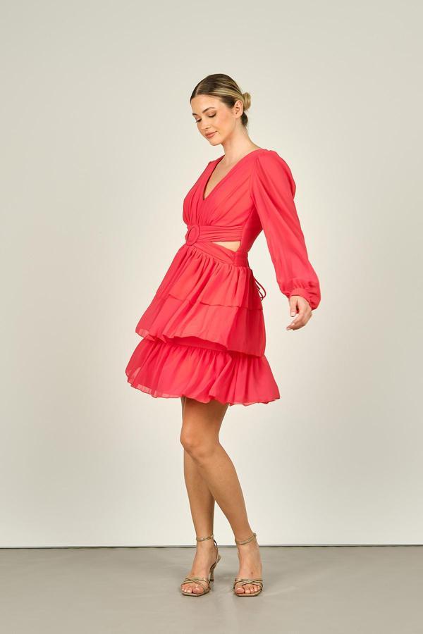 Dans Kadın Pencere Detaylı Eteği Katlı Abiye Elbise 1298 Mercan - Image 1