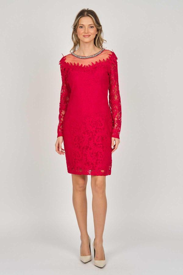 Dans Kadın Uzun Kollu Dantelli Abiye Elbise 5279659 Kırmızı - Image 1