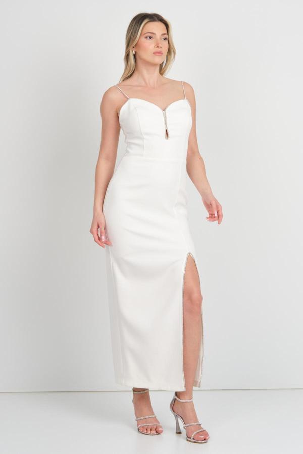 Dans Kadın İp Askılı Derin Yırtmaçlı Midi Abiye Elbise 1568 Ekru - Image 1