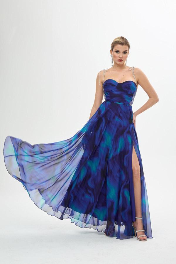 Carmen Kadın Bağlamalı Yırtmaçlı Empirme Abiye Elbise 58263 Saks - Image 1