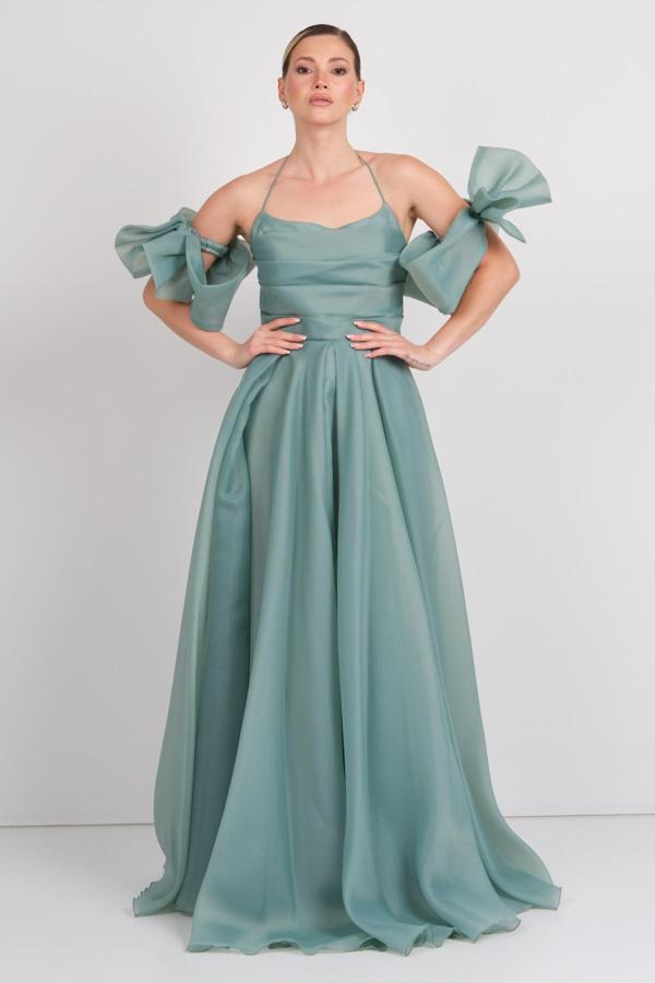 Dans Kadın Seyyar Kol Detaylı Boyundan Bağlamalı Maxi Abiye Elbise 1761 Mint - Image 1