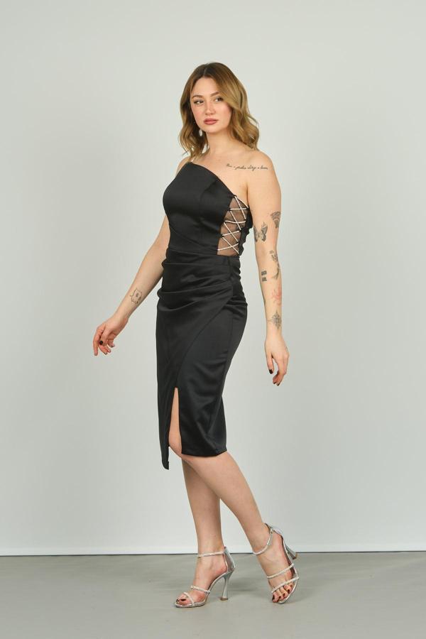 Dans Kadın Tek Omuzdan Askılı Derin Yırtmaçlı Abiye Elbise 1537 Siyah - Image 1