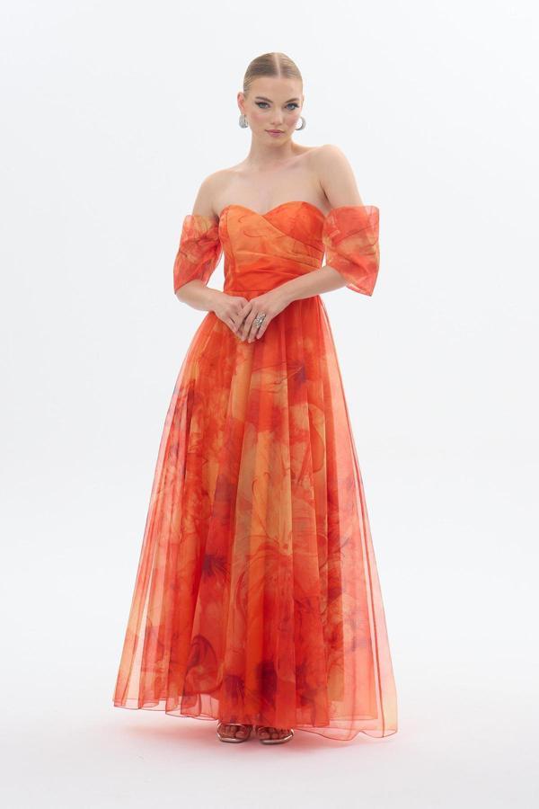Carmen Kadın Düşük Kol Empirme Organze Abiye Elbise 58426 Oranj - Image 1