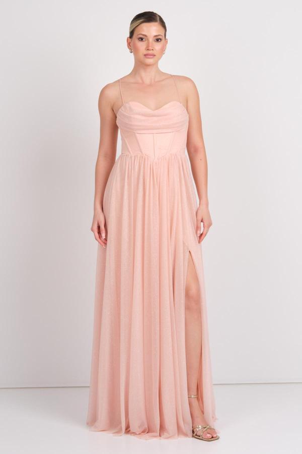 Dans Kadın Balenli Drapeli Straplez Maxi Abiye Elbise 1771 Pudra - Image 1