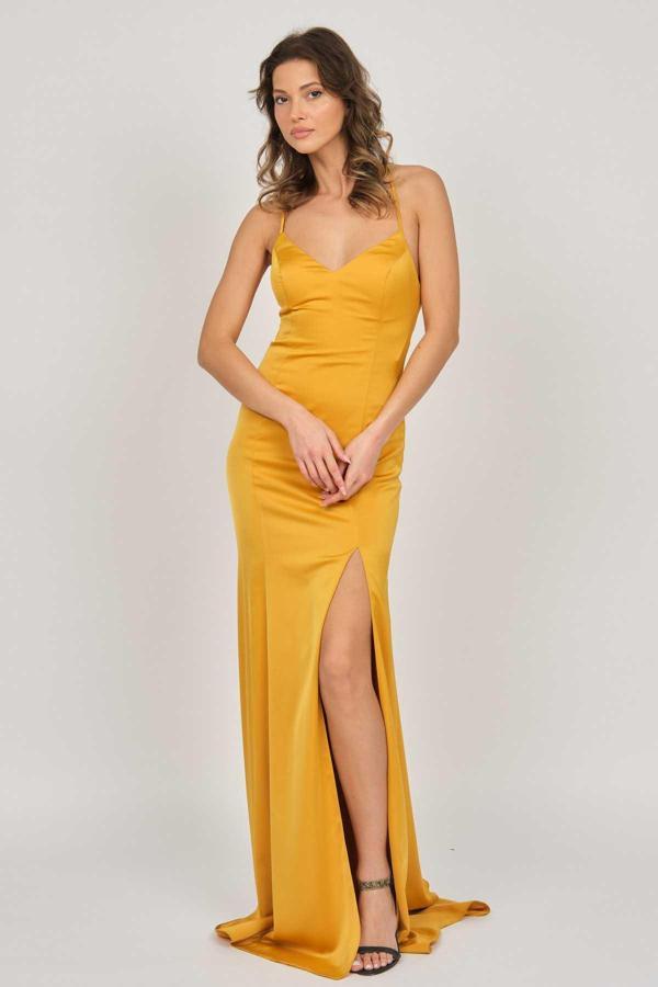Doridorca Kadın Saten Uzun Abiye Elbise 5929210 Hardal - Image 1