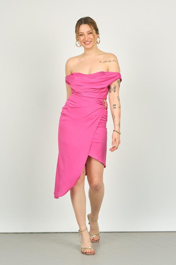 Doridorca Kadın Asimetrik Midi Boy Abiye Elbise 5015 Fuşya - Image 1