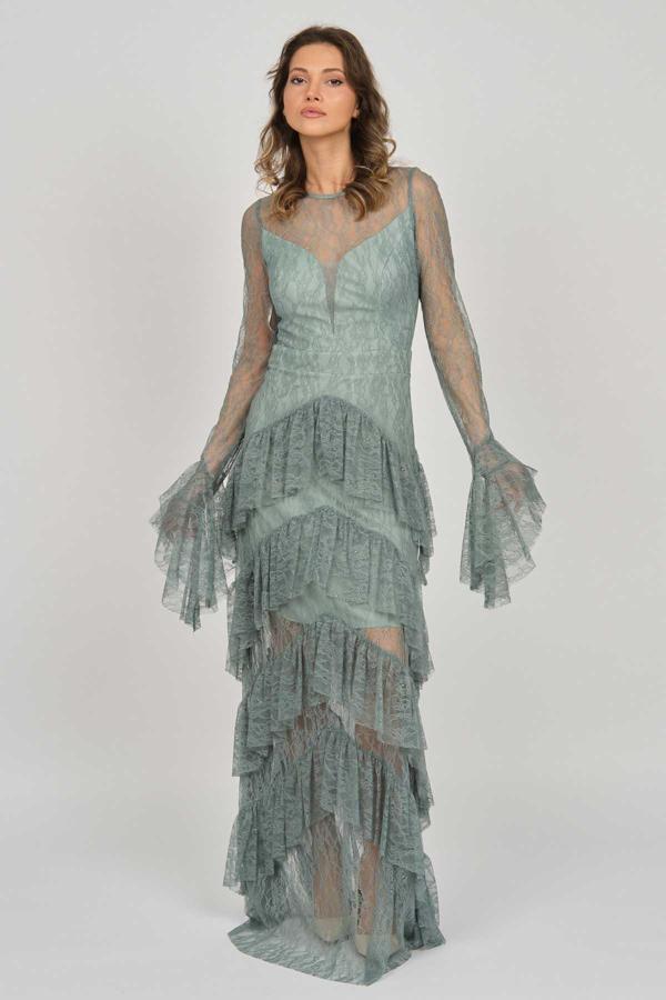 Doridorca Kadın Fırfır Detaylı Abiye Elbise 5921085 Limon Küfü - Image 1