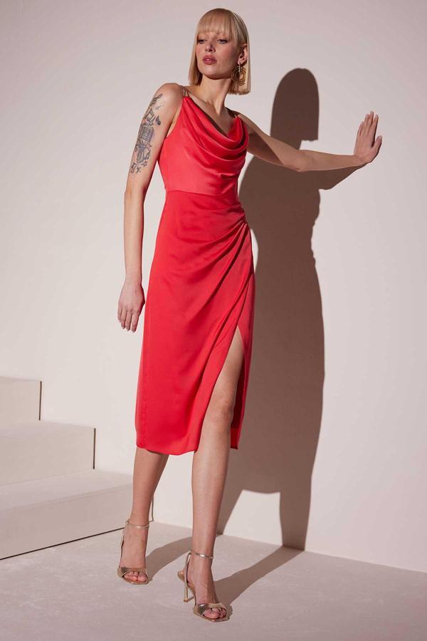 Doridorca Kadın Midi Boy Abiye Elbise 5026 Nar - Image 1