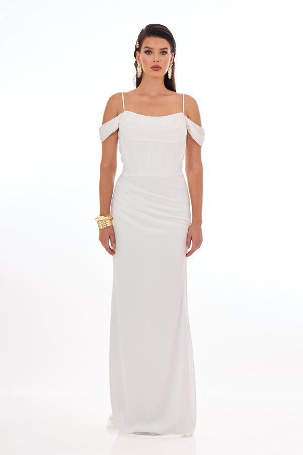 Carmen Kadın Askılı Uzun Şifon Abiye Elbise 58464 Ekru - Image 1