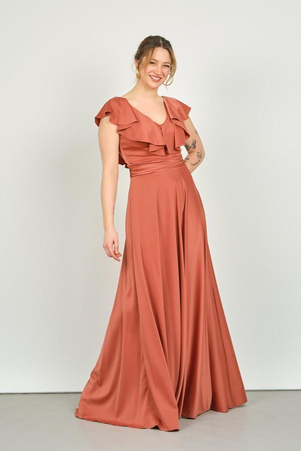 Doridorca Kadın Yakası Volanlı Saten Abiye Elbise 5921021 Kiremit - Image 1