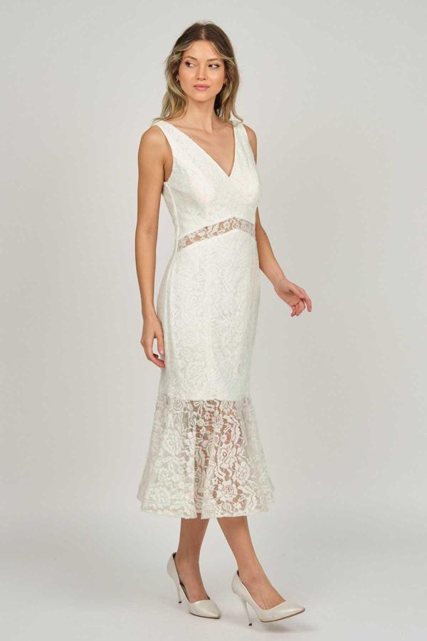 Doridorca Kadın Dantel Detaylı Midi Boy Abiye Elbise 5921033 Kemik - Image 1