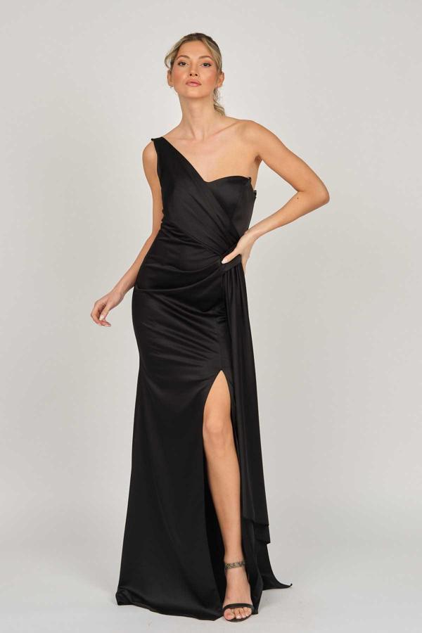 Doridorca Kadın Tek Omuz Saten Abiye Elbise 5921044 Siyah - Image 1
