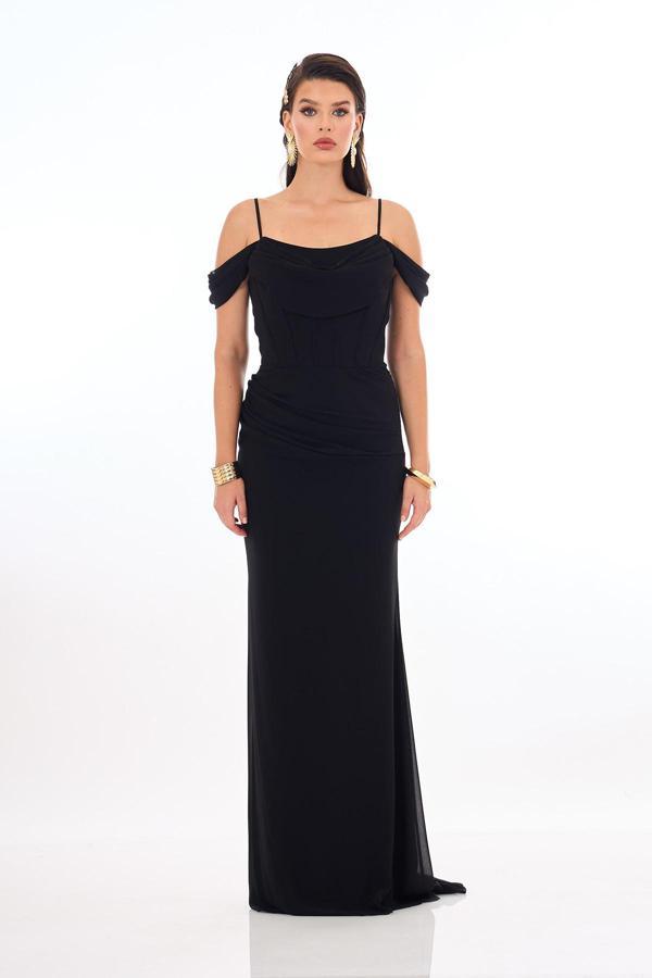 Carmen Kadın Askılı Uzun Şifon Abiye Elbise 58464 Siyah - Image 1