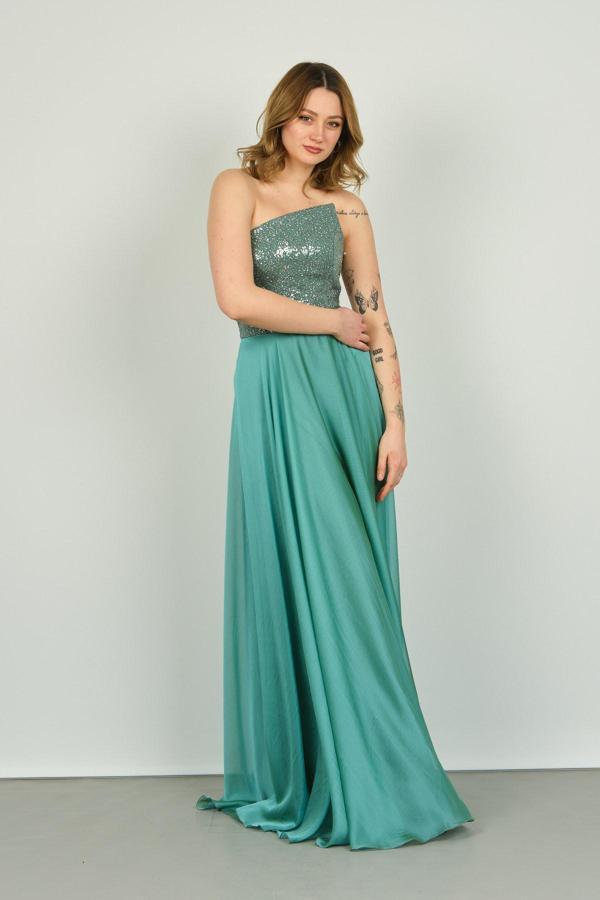 Doridorca Kadın Straplez Yaka Üst Payet Alt Saten Yüzeyli Şifon Abiye Elbise 5091 Mint - Image 1