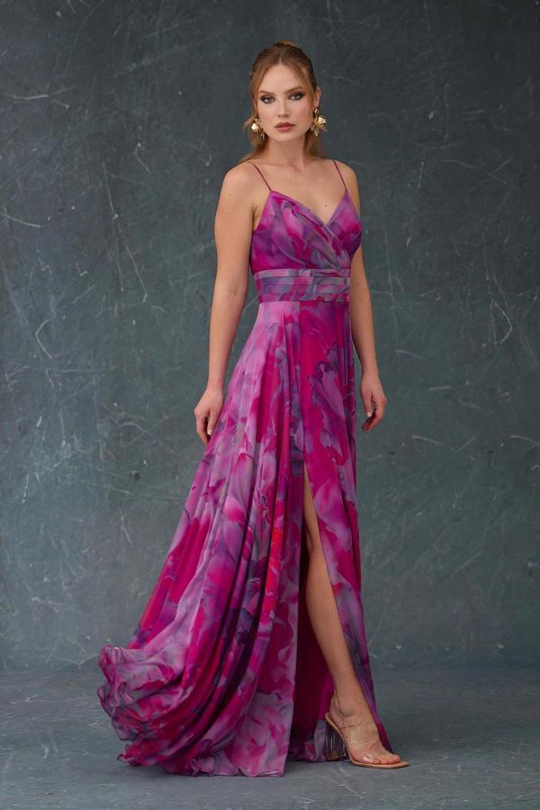 Carmen Kadın Askılı Sırt Dekolteli Empirme Abiye Elbise 58439 Fuşya - Image 1