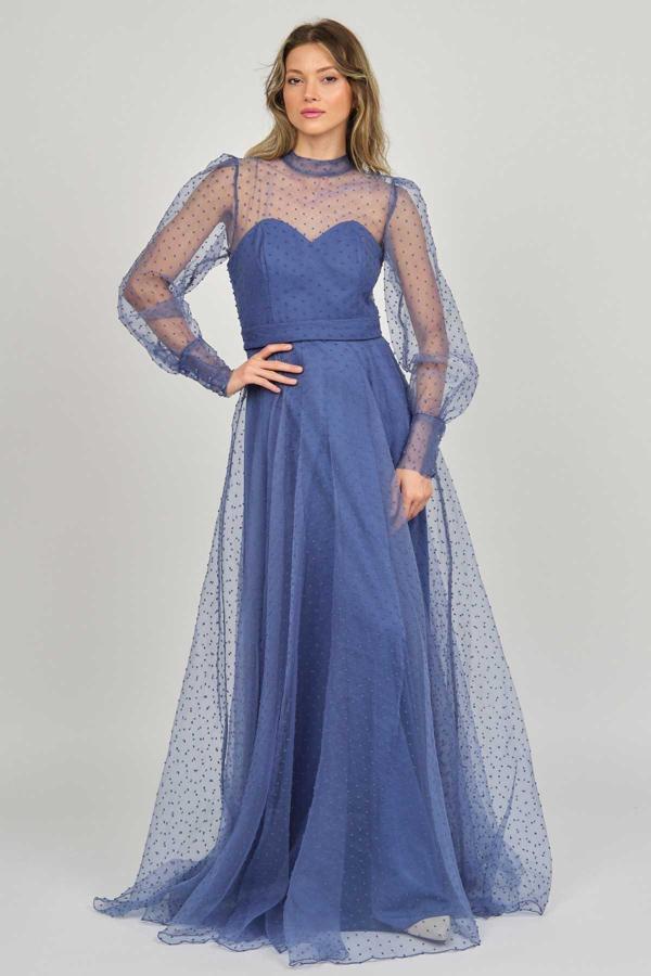 Doridorca Kadın Uzun Kol Tül Abiye Elbise 5923054 Indigo - Image 1