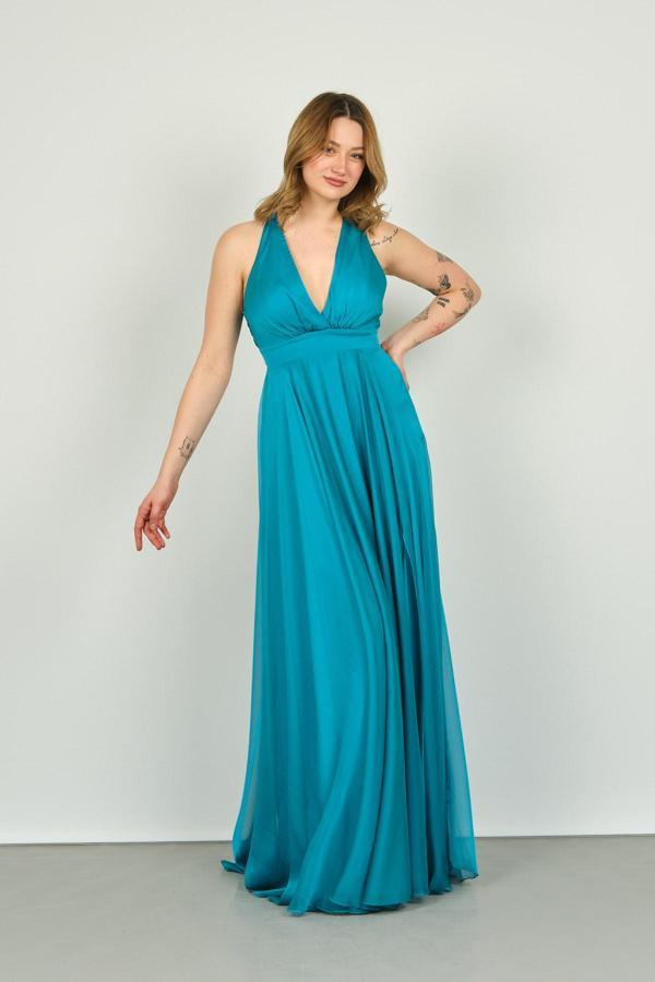 Doridorca Kadın Boyundan Bağlamalı Sırt Detaylı Uzun Abiye Elbise 4117 Petrol - Image 1