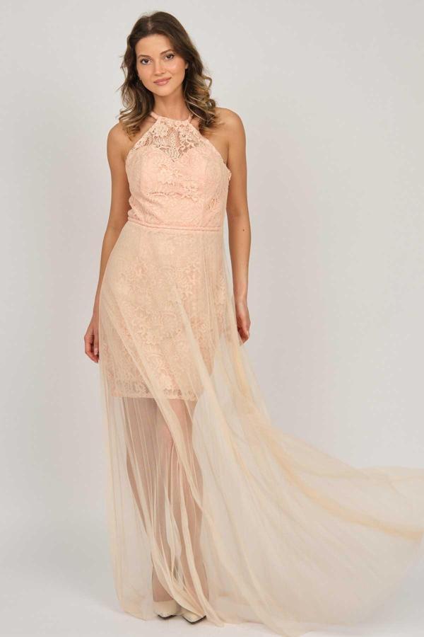 Doridorca Kadın Boyundan Bağlamalı Abiye Elbise 5928098 Somon - Image 1