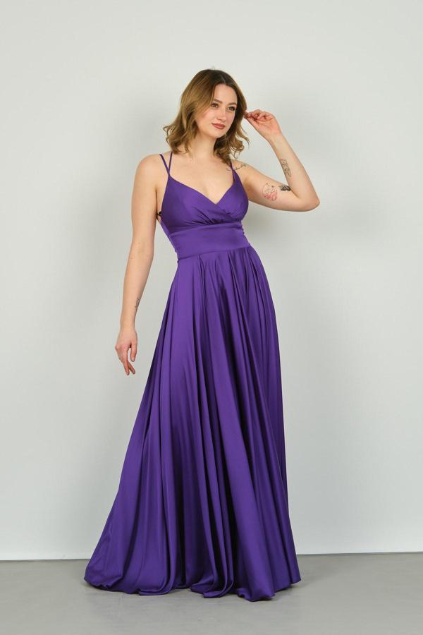 Doridorca Kadın Derin Yırtmaçlı Saten Abiye Elbise 5924047 Mor - Image 1