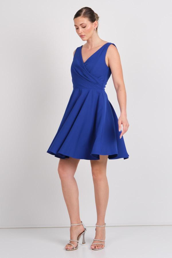 Doridorca Kadın Kalın Askılı V Yaka Mini Abiye Elbise 7027 Saks - Image 1