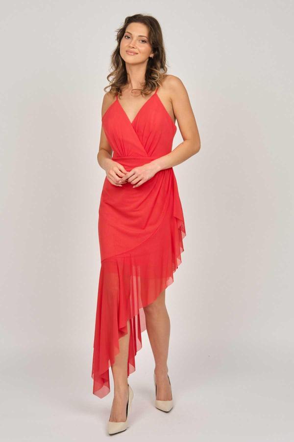 Doridorca Kadın Midi Boy Kruvaze Abiye Elbise 5922060 Mercan - Image 1