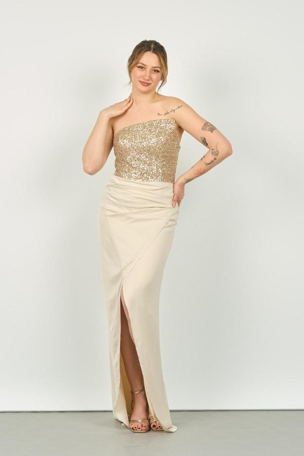 Doridorca Kadın Üst Payetli ve Straplez Alt Anvelop Etek Uzun Abiye Elbise 5047 Bej - Image 1
