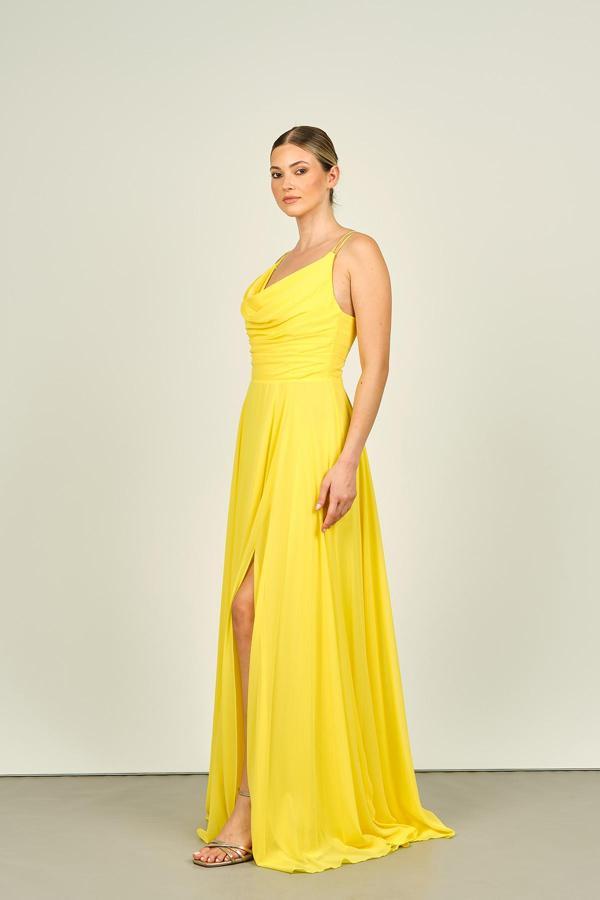 Doridorca Kadın Degaje Yaka Askılı Derin Yırtmaçlı Şifon Uzun Abiye Elbise 5090 Sarı - Image 1