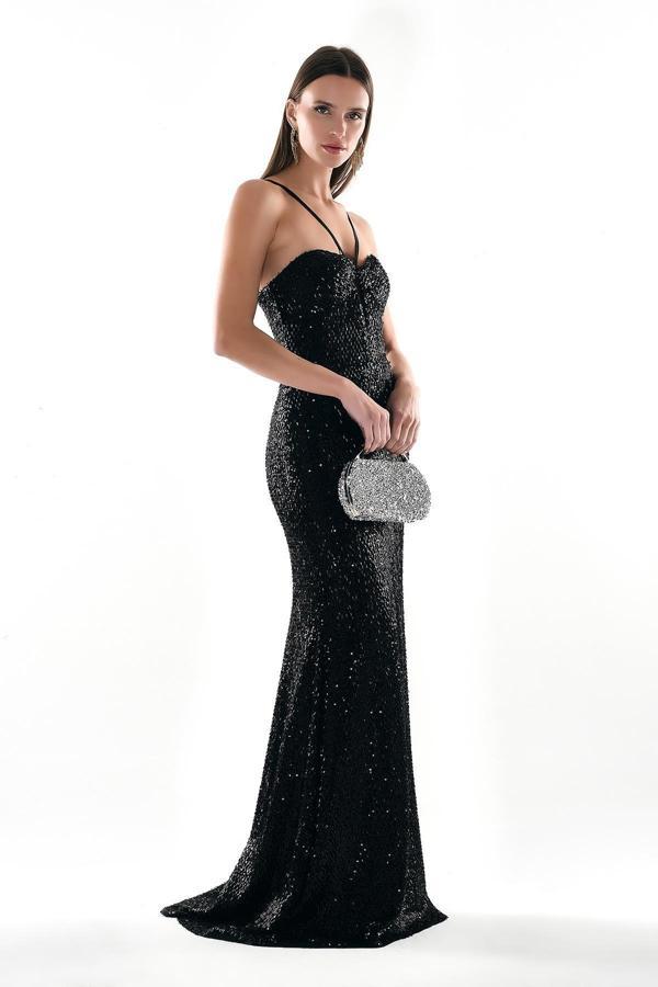 Explosion Kadın Pul Payet Göğüs Dekolteli Saten Askılı Maksi Boy Abiye Elbise 58004 Siyah - Image 1