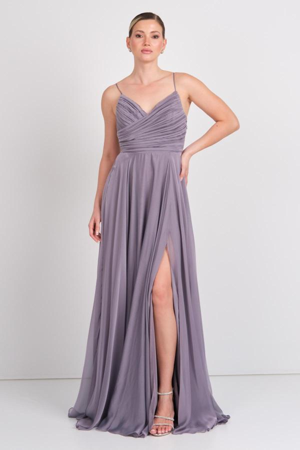 Doridorca Kadın Sırt Dekolteli Fiyonklu Drapeli V Yaka Abiye Elbise 6128 Vizon - Image 1