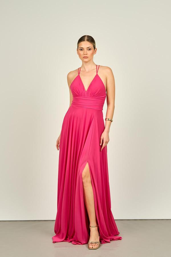Doridorca Kadın İp Askılı Sırt Detaylı Uzun Abiye Elbise 5046 Fuşya - Image 1