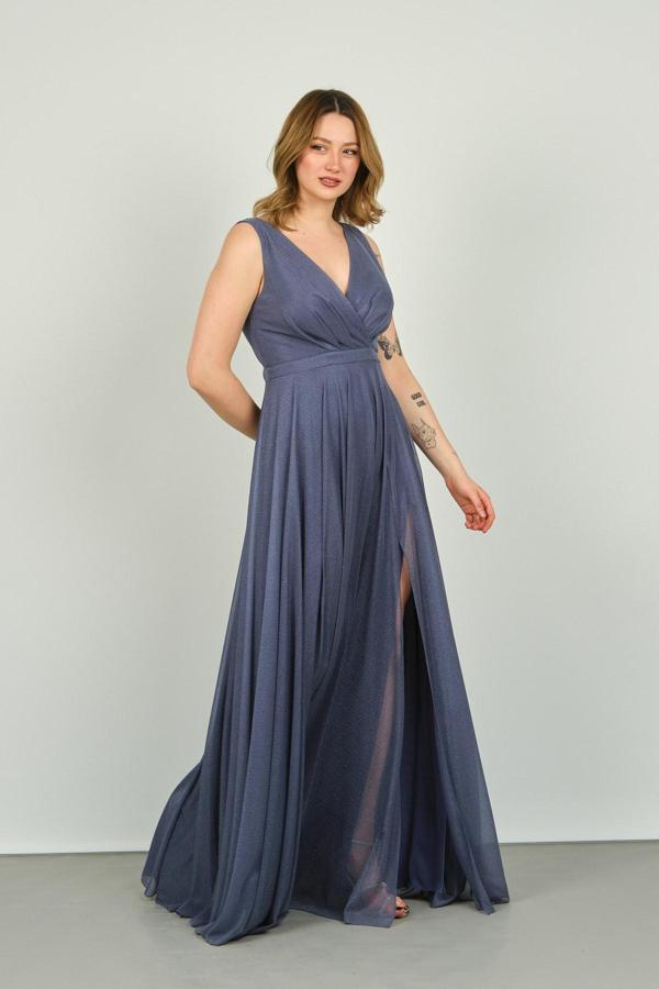 Doridorca Kadın Sırt Bağlama Detaylı Simli Uzun Abiye Elbise 1182 Antrasit - Image 1